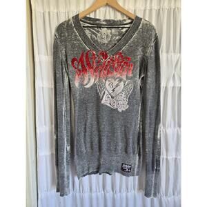 Affliction Womens XL Y2k Vintage Long Sleeve Gray Top Lonely Hearts Club